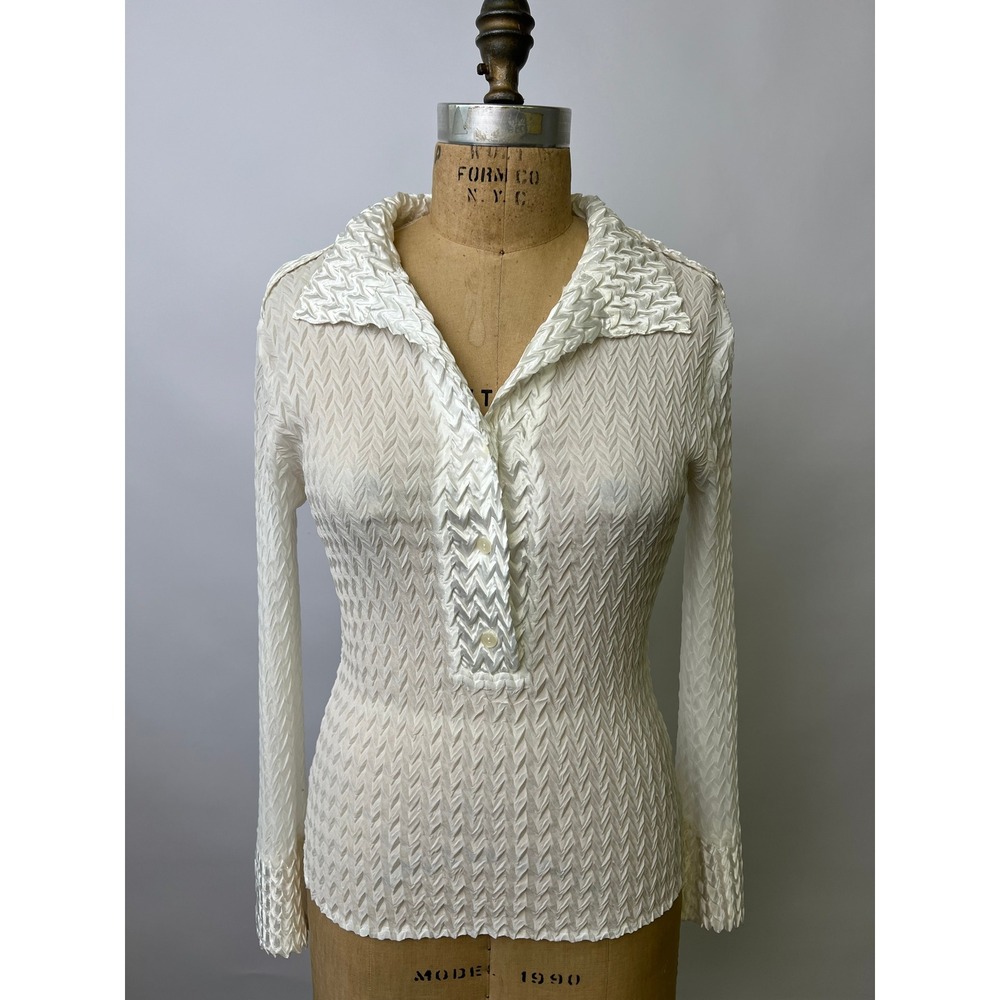 Cache Womens White Textured Chevron Long Sleeve Button Up Top Size M NWT